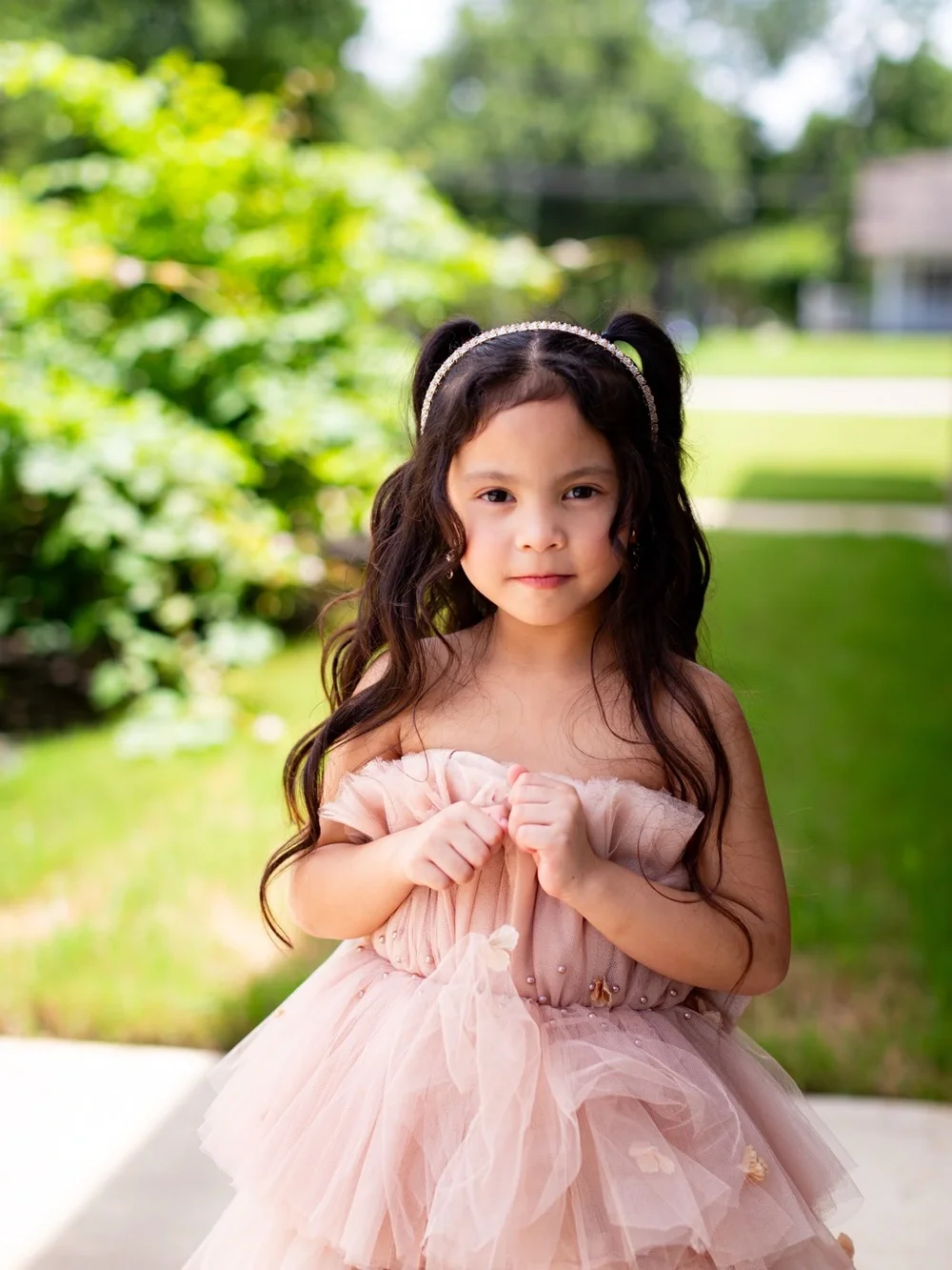 Customized Girls' Pink Tulle Layered Party Dress with Ruffled Bodice